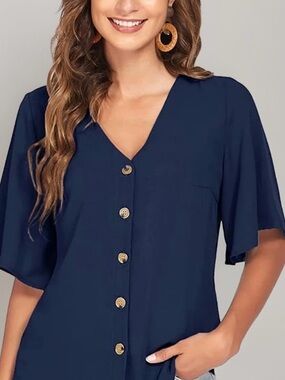 NY Collection Petite Navy Flutter Sleeve Button Front Blouse NWT Size PL